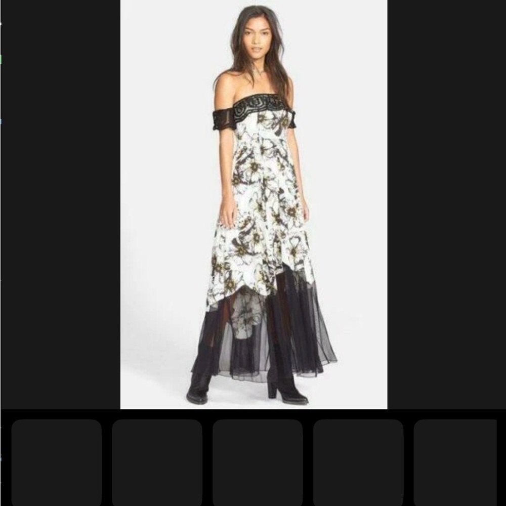 Free People Off Shoulder Hibiscus Print Maxi Dress Floral Lace Black White Small